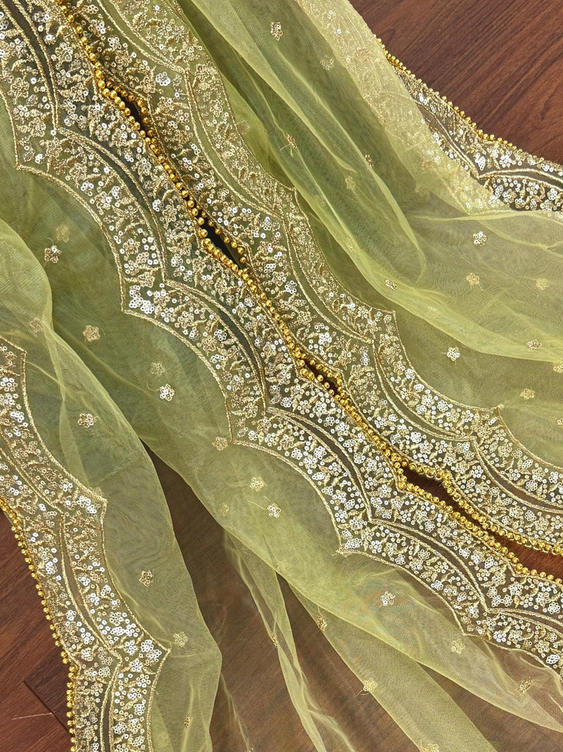 Pista Green net dupatta with gold zari, sequin & beads — Kaash Collection