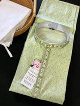 Pista Green men's kurta pajama in soft silk with gold & green patterns with handwork neckline — Kaash Collection