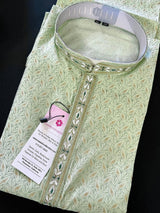 Pista Green men's kurta pajama in soft silk with gold & green patterns with handwork neckline — Kaash Collection
