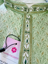 Pista Green men's kurta pajama in soft silk with gold & green patterns with handwork neckline — Kaash Collection