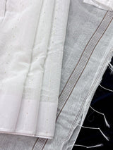 Plain White Color Handloom Linen Saree with Copperish Gold Zari and tiny Sequins - Kaash