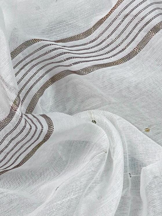 Plain White Color Handloom Linen Saree with Copperish Gold Zari and tiny Sequins - Kaash