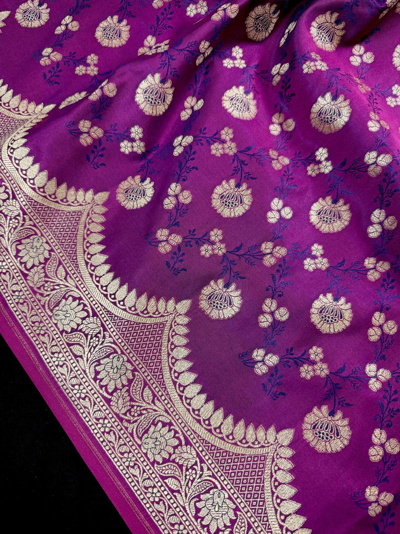 Plum Purple Banarasi saree in handloom banarasi mashru saree with muted gold zari on handloom mashru — Kaash Collection