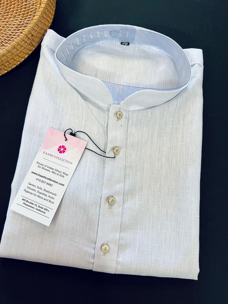 Powder Bluish White men's kurta pajama in pure linen cotton with premium linen cotton with fancy buttons — Kaash Collection