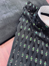Black men's kurta pajama in premium silk with all-over sequin & embroidery on premium silk — Kaash Collection