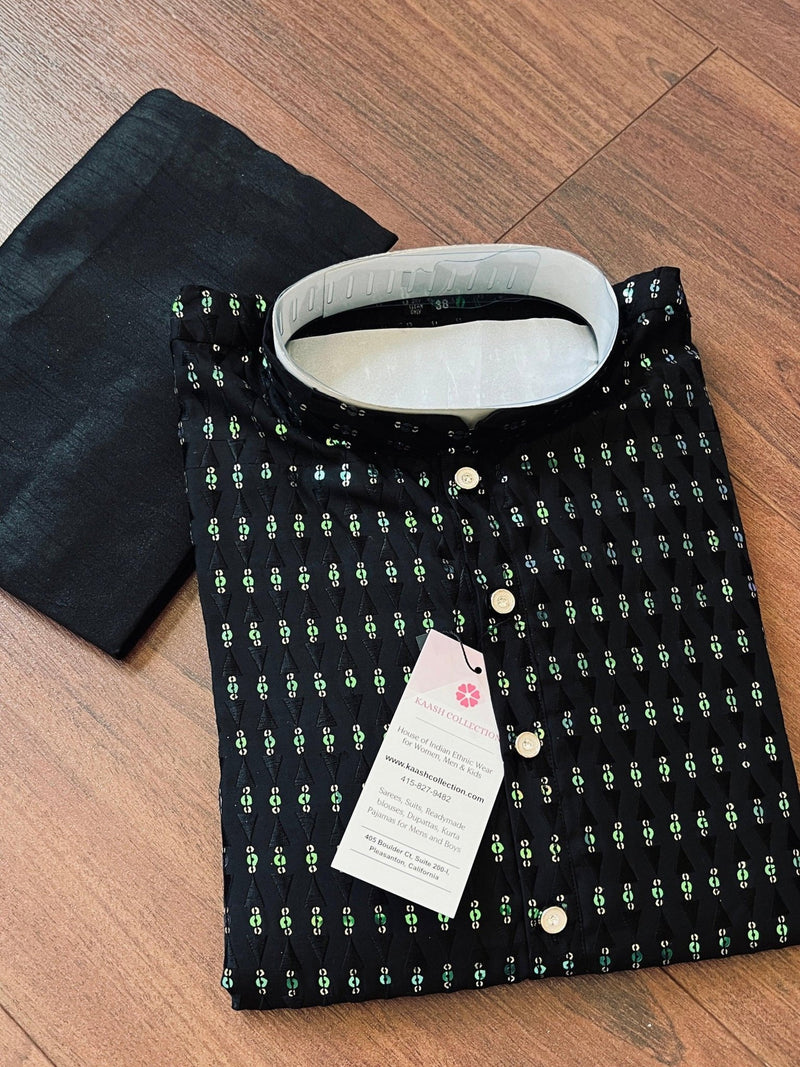 Black men's kurta pajama in premium silk with all-over sequin & embroidery on premium silk — Kaash Collection