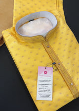 Yellow Color Jute Silk Kurta Pajama Set for Men - Self Embroidery and Zari Work - Mens Kurta for Haldi - Indian Outfit in Yellow Color