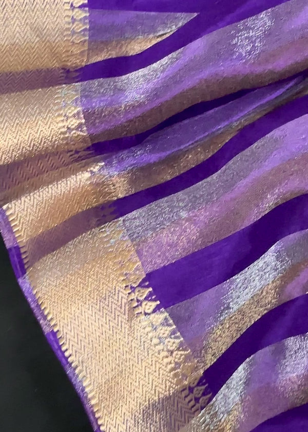 Statement Handmade Purple Color Striped Banarasi Satin Tissue Silk Saree