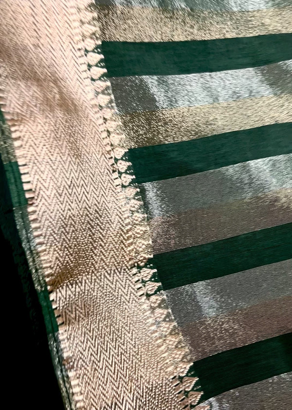 Statement Handmade Bottle Green Color Striped Banarasi Satin Tissue Silk Saree