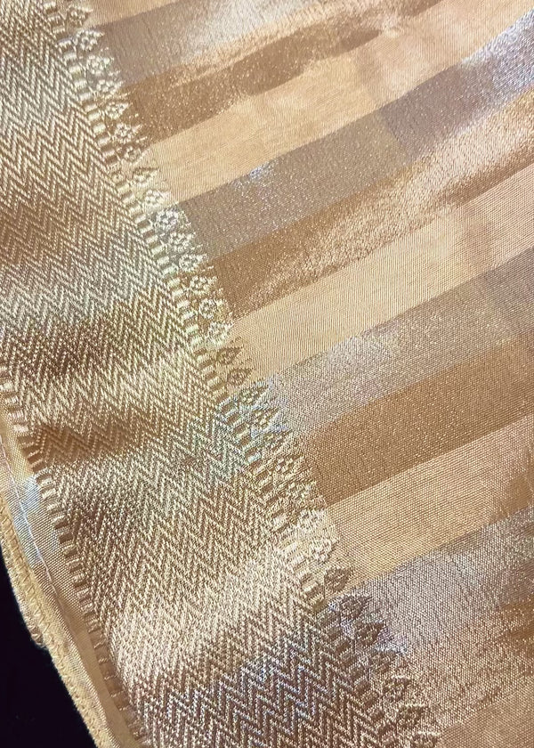 Statement Handmade Champagne Color Striped Banarasi Satin Tissue Silk Saree