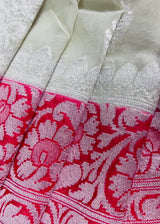 Pearl White with Red Pure Khaddi Georgette Banarasi Silk Saree with Red Pallu and Border | Pure Silk Sarees | SILK MARK CERTIFIED