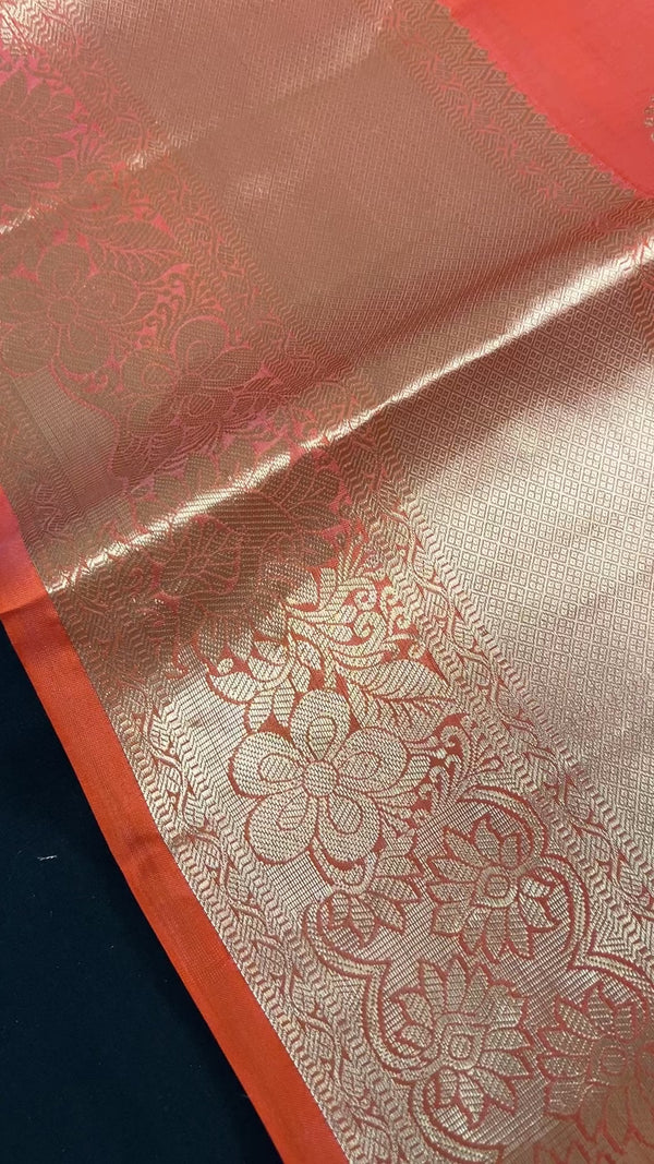 Peach Orange Pure Kanjivaram Silk Saree | Muted Gold Zari Weave Handwoven Pure Silk Sarees | SILK MARK CERTIFIED | Ships from California