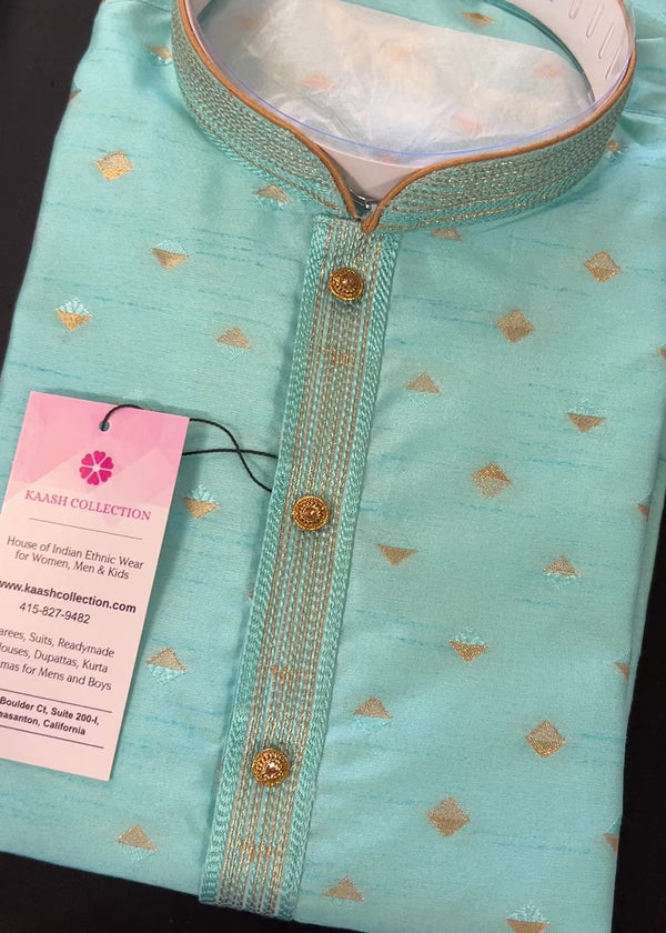 Designers Sea Green with tint of Blue  Silk Men Kurta Pajama Set with Zari Weave | Mens Ethnic Wedding Wear