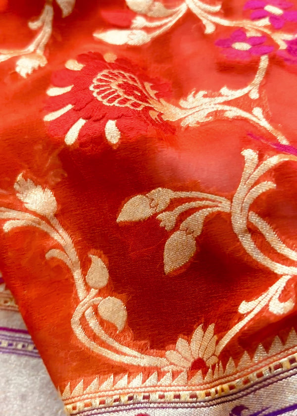 Orange and Purple Pure Khaddi Georgette Banarasi Saree in Paithani Border and Meenakari Floral Jaal  | SILK MARK CERTIFIED