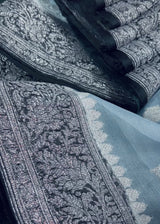 Dolphin Grey and Black Color Pure Chiffon Silk Saree with Sliver Zari Work | Pure Chiffon Saree | SILK MARK CERTIFIED | Party Wear Sarees