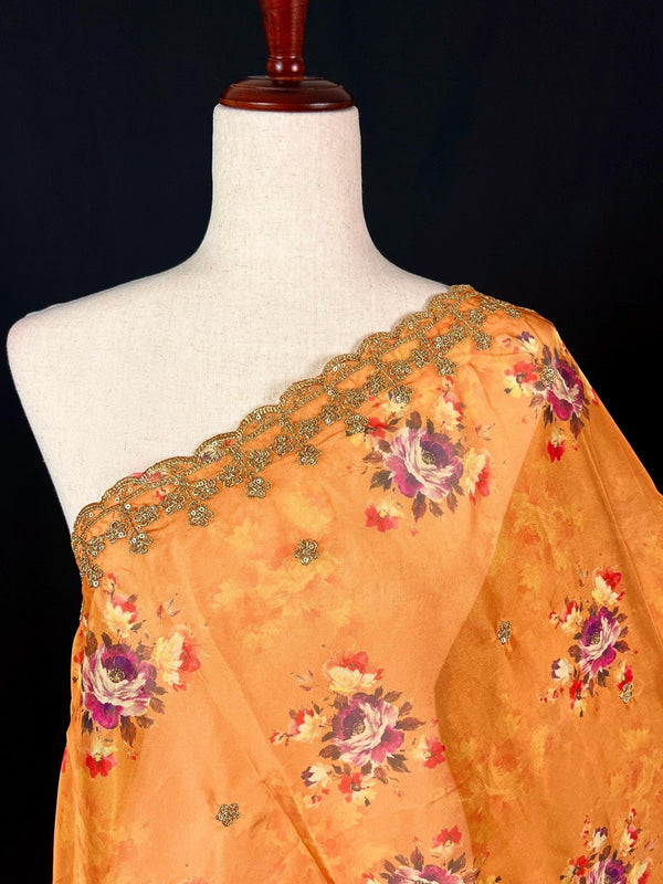 Pumpkin Peach Color Soft Organza Dupatta with Embroidery, Sequin and Zari with Floral Digital Prints - Kaash