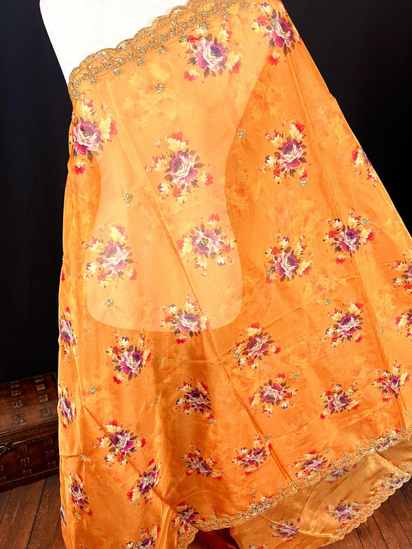 Pumpkin Peach Color Soft Organza Dupatta with Embroidery, Sequin and Zari with Floral Digital Prints - Kaash