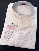 Pure White men's kurta pajama in pure cotton with full lucknowi chikankari embroidery (no lining, semi-transparent) — Kaash Collection