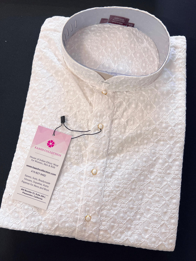 Pure White men's kurta pajama in pure cotton with full lucknowi chikankari embroidery (no lining, semi-transparent) — Kaash Collection