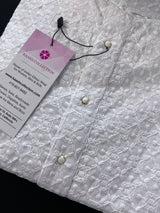 Pure White men's kurta pajama in pure cotton with full lucknowi chikankari embroidery (no lining, semi-transparent) — Kaash Collection