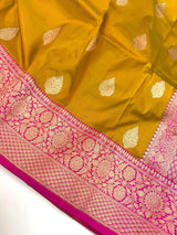 Pure Katan Silk Saree Fenugreek Color with Hot Pink Color Border and Pallu - Kaash