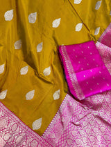 Pure Katan Silk Saree Fenugreek Color with Hot Pink Color Border and Pallu - Kaash