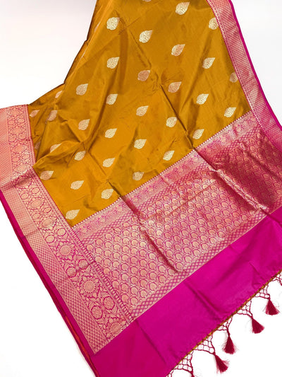 Pure Katan Silk Saree Fenugreek Color with Hot Pink Color Border and Pallu - Kaash
