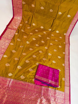 Pure Katan Silk Saree Fenugreek Color with Hot Pink Color Border and Pallu - Kaash