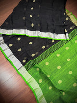 Black & Parrot Green Khaadi Cotton Linen saree in pure khaadi cotton blend with linen with silver zari borders with gicha buttas — Kaash Collection