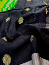 Black & Parrot Green Khaadi Cotton Linen saree in pure khaadi cotton blend with linen with silver zari borders with gicha buttas — Kaash Collection