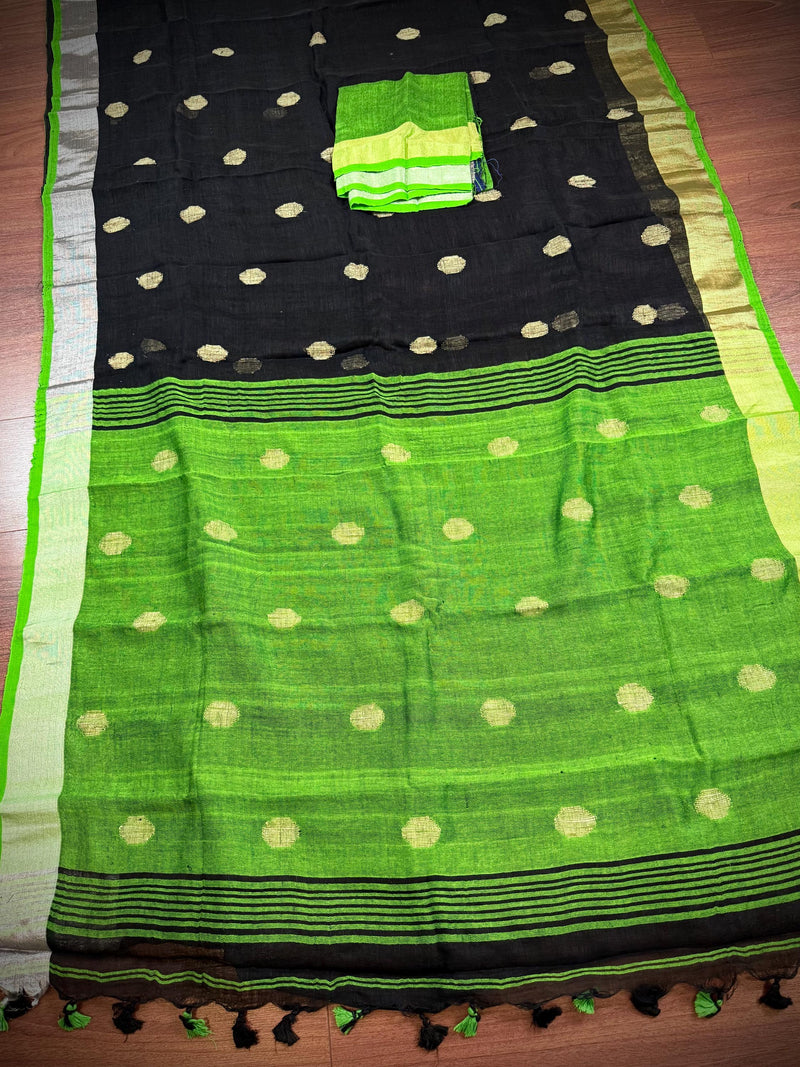 Pure Khaadi Cotton blend with Linen in Black and Parrot Green Color Saree with Sliver Zari Borders | Cotton and Linen Sarees - Kaash
