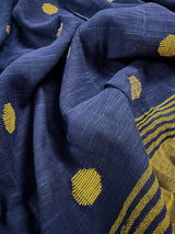 Blue & Mehendi Green Khaadi Linen saree in pure khaadi cotton blend with linen with silver zari borders with gicha thread buttas — Kaash Collection