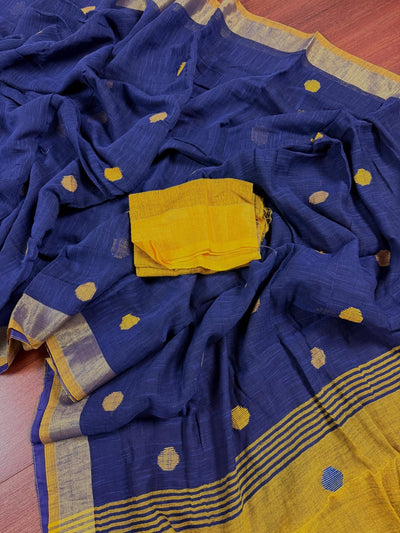 Blue & Mehendi Green Khaadi Linen saree in pure khaadi cotton blend with linen with silver zari borders with gicha thread buttas — Kaash Collection