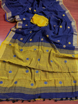 Blue & Mehendi Green Khaadi Linen saree in pure khaadi cotton blend with linen with silver zari borders with gicha thread buttas — Kaash Collection