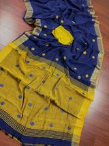 Blue & Mehendi Green Khaadi Linen saree in pure khaadi cotton blend with linen with silver zari borders with gicha thread buttas — Kaash Collection
