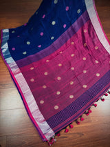 Navy Blue & Purple Pink Khaadi Cotton Linen saree in pure khaadi cotton blend with linen with silver zari borders with gicha thread buttas — Kaash Collection