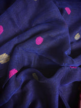 Navy Blue & Purple Pink Khaadi Cotton Linen saree in pure khaadi cotton blend with linen with silver zari borders with gicha thread buttas — Kaash Collection