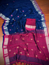 Navy Blue & Purple Pink Khaadi Cotton Linen saree in pure khaadi cotton blend with linen with silver zari borders with gicha thread buttas — Kaash Collection