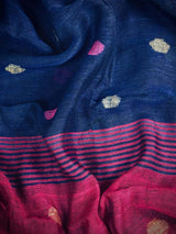 Navy Blue & Purple Pink Khaadi Cotton Linen saree in pure khaadi cotton blend with linen with silver zari borders with gicha thread buttas — Kaash Collection
