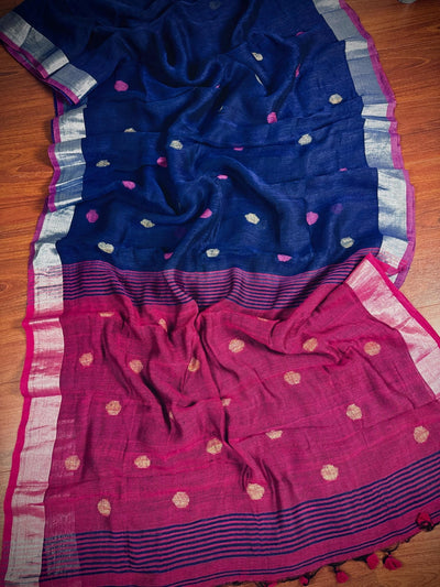 Navy Blue & Purple Pink Khaadi Cotton Linen saree in pure khaadi cotton blend with linen with silver zari borders with gicha thread buttas — Kaash Collection