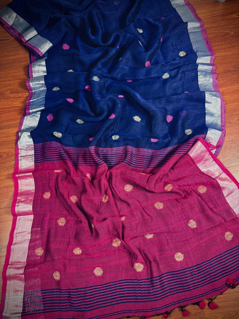 Navy Blue & Purple Pink Khaadi Cotton Linen saree in pure khaadi cotton blend with linen with silver zari borders with gicha thread buttas — Kaash Collection