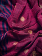 Navy Blue & Purple Pink Khaadi Cotton Linen saree in pure khaadi cotton blend with linen with silver zari borders with gicha thread buttas — Kaash Collection