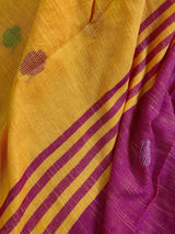 Yellow & Peach Khaadi Linen saree in pure khaadi cotton blend with linen with zari borders with gicha thread buttas — Kaash Collection