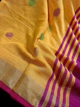 Yellow & Peach Khaadi Linen saree in pure khaadi cotton blend with linen with zari borders with gicha thread buttas — Kaash Collection
