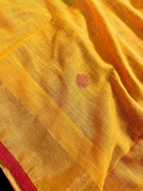 Yellow & Peach Khaadi Linen saree in pure khaadi cotton blend with linen with zari borders with gicha thread buttas — Kaash Collection