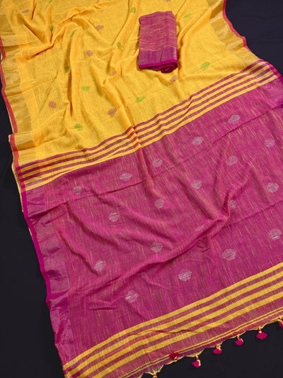 Yellow & Peach Khaadi Linen saree in pure khaadi cotton blend with linen with zari borders with gicha thread buttas — Kaash Collection