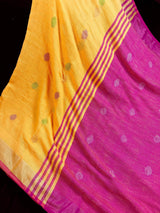Yellow & Peach Khaadi Linen saree in pure khaadi cotton blend with linen with zari borders with gicha thread buttas — Kaash Collection