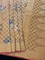 Pure Khaddi Georgette Banarasi Saree in Cafe Latte and Brick Red Color with Muted Gold Zari and Digital Floral Prints | SILK MARK CERTIFIED - Kaash