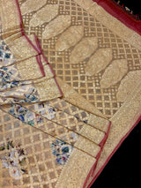 Pure Khaddi Georgette Banarasi Saree in Cafe Latte and Brick Red Color with Muted Gold Zari and Digital Floral Prints | SILK MARK CERTIFIED - Kaash