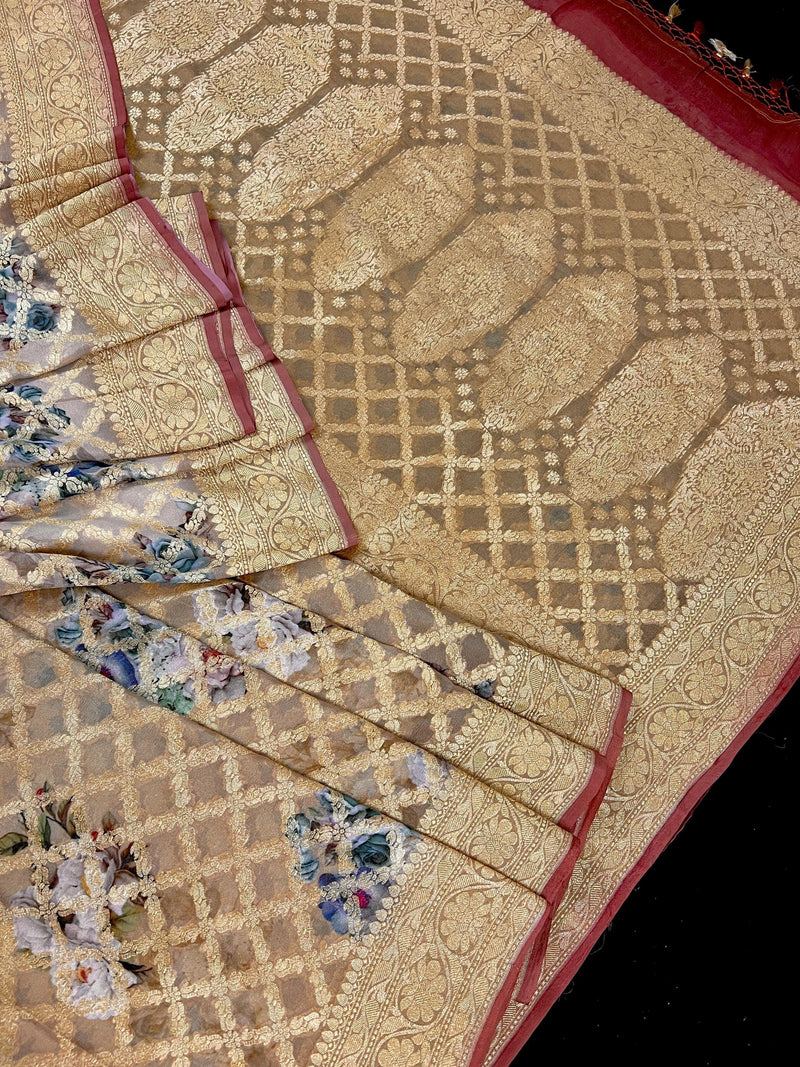 Pure Khaddi Georgette Banarasi Saree in Cafe Latte and Brick Red Color with Muted Gold Zari and Digital Floral Prints | SILK MARK CERTIFIED - Kaash